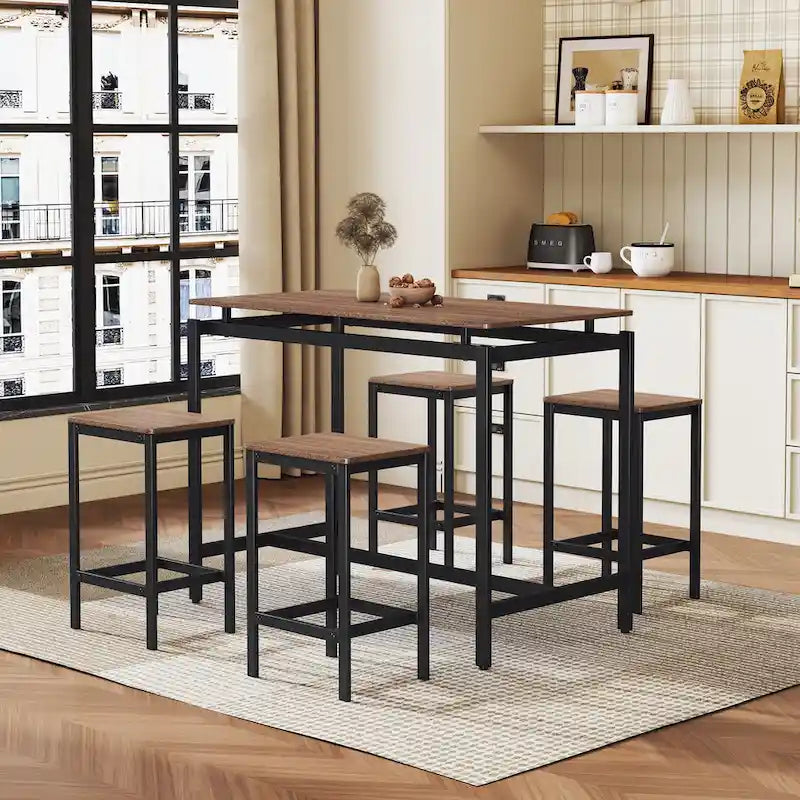 5-Piece Industrial Bar Table Set with Rectangular Table & 4 Chairs