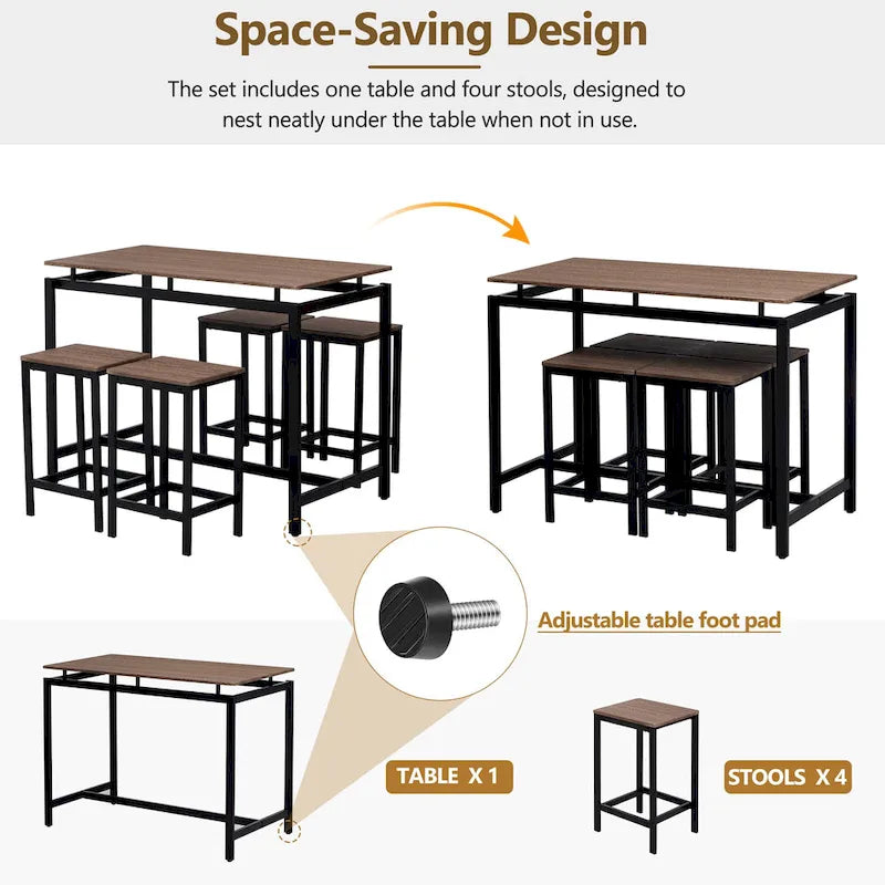 5-Piece Industrial Bar Table Set with Rectangular Table & 4 Chairs