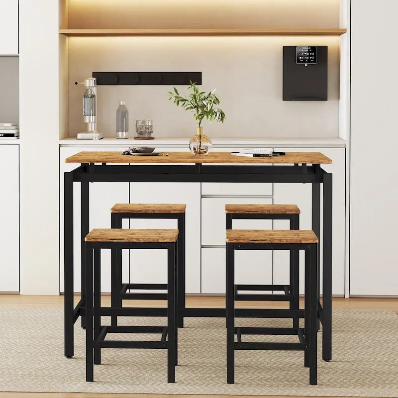 5-Piece Industrial Bar Table Set with Rectangular Table & 4 Chairs