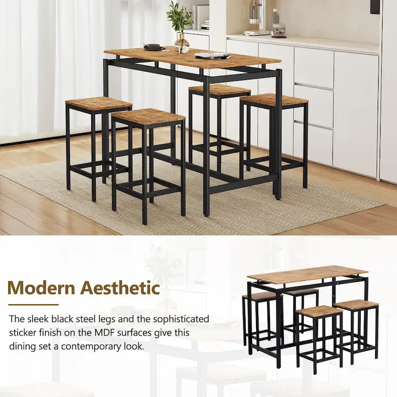 5-Piece Industrial Bar Table Set with Rectangular Table & 4 Chairs