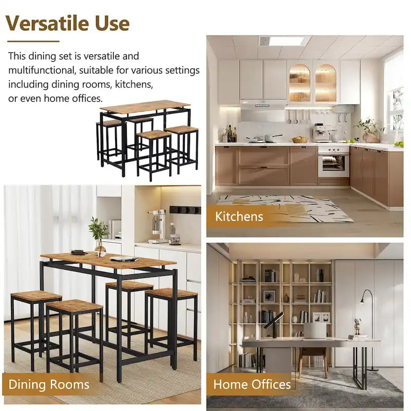 5-Piece Industrial Bar Table Set with Rectangular Table & 4 Chairs