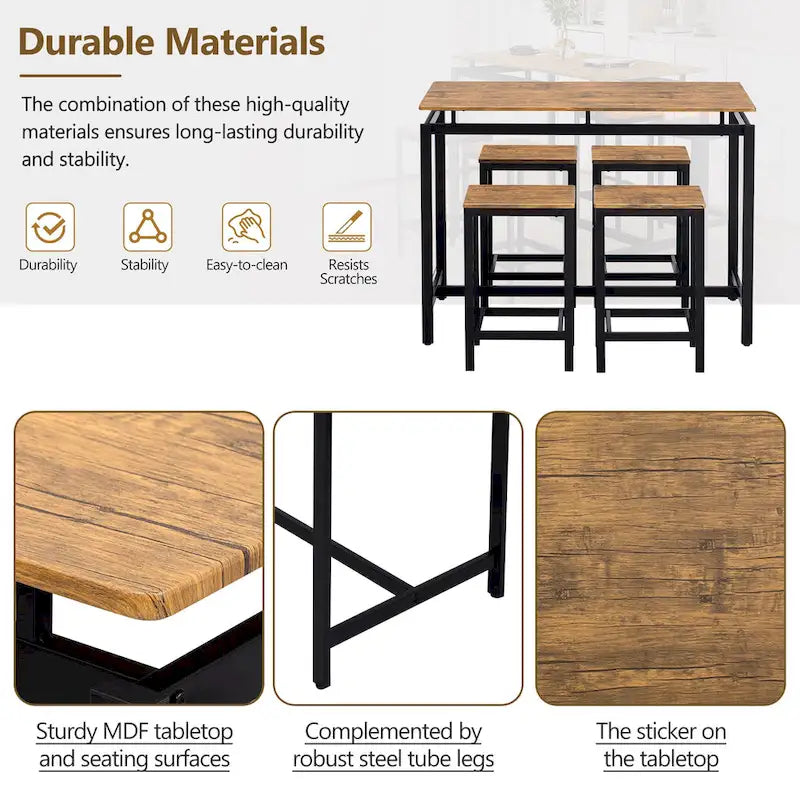 5-Piece Industrial Bar Table Set with Rectangular Table & 4 Chairs