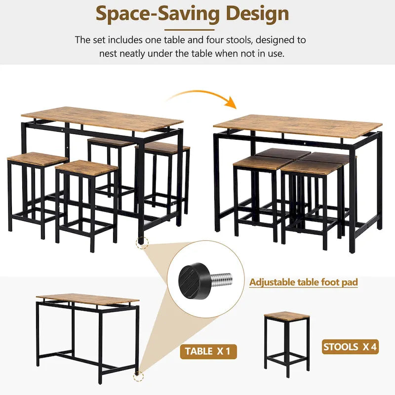 5-Piece Industrial Bar Table Set with Rectangular Table & 4 Chairs