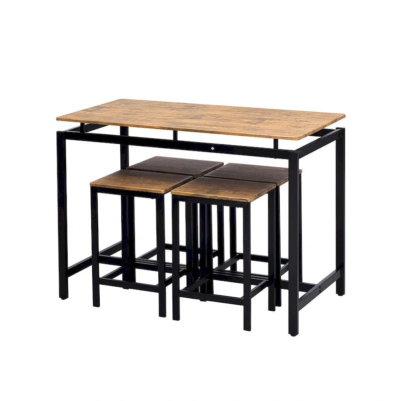 5-Piece Industrial Bar Table Set with Rectangular Table & 4 Chairs