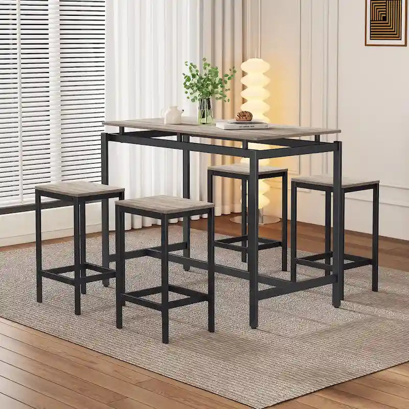 5-Piece Industrial Bar Table Set with Rectangular Table & 4 Chairs