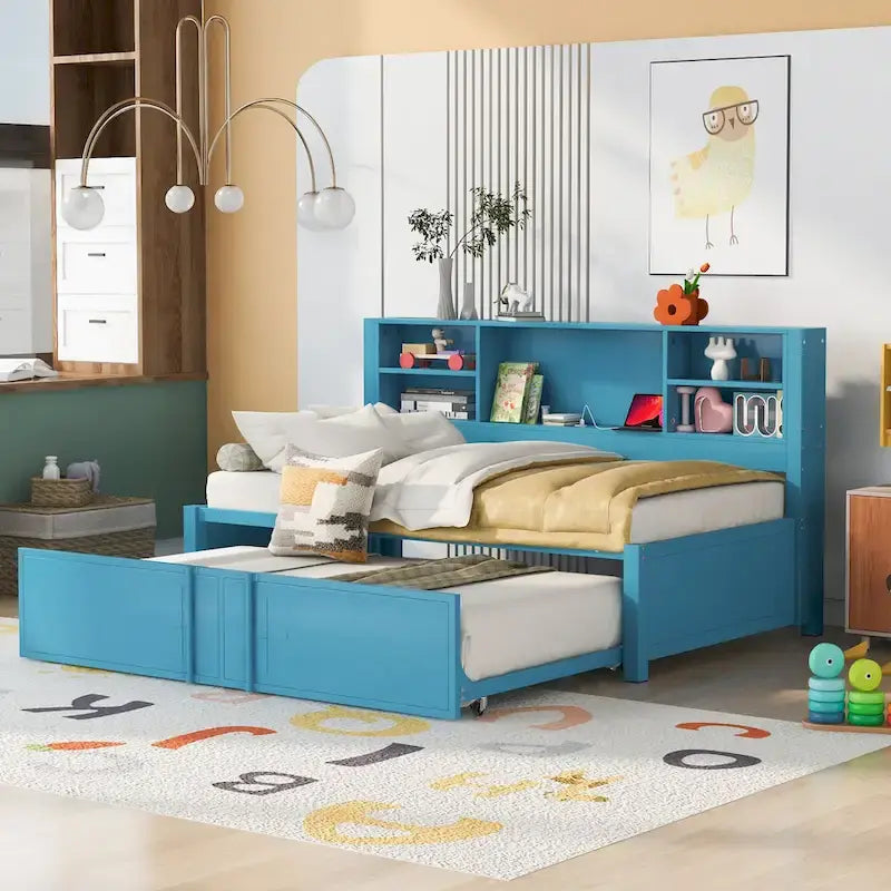 Blue Metal Twin Daybed with Trundle, Storage Shelves, and USB Ports - No Box Spring Needed