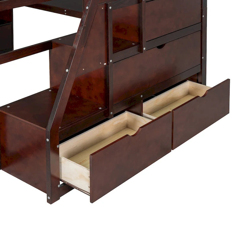 Wood Loft Bed with 7 Drawers 2 Shelves, Ladder and Desk for Kids, Bedroom