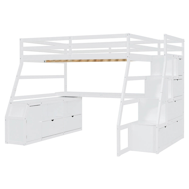 Wood Loft Bed with 7 Drawers 2 Shelves, Ladder and Desk for Kids, Bedroom