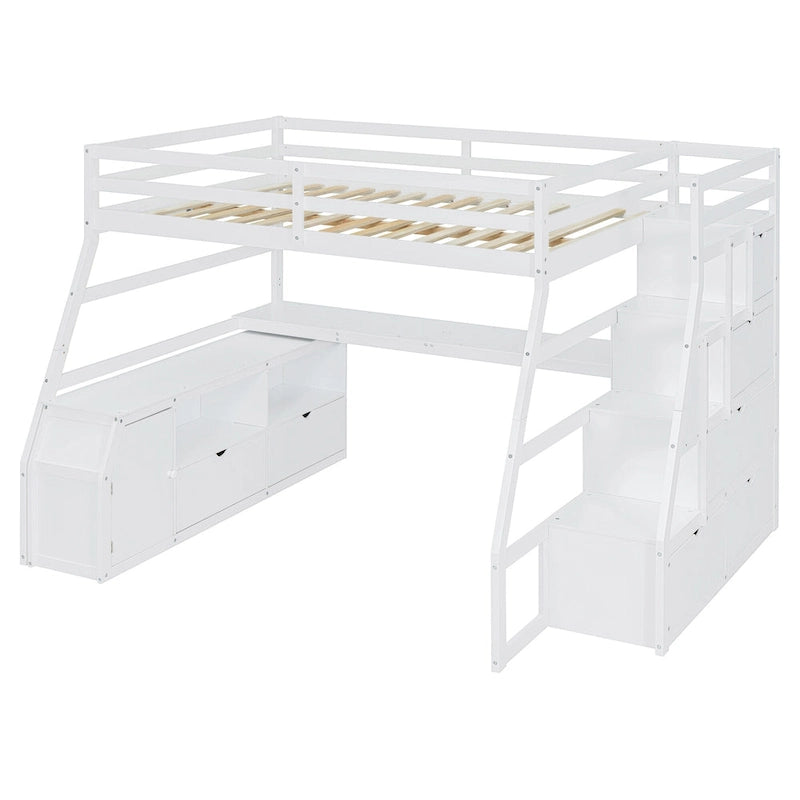 Wood Loft Bed with 7 Drawers 2 Shelves, Ladder and Desk for Kids, Bedroom
