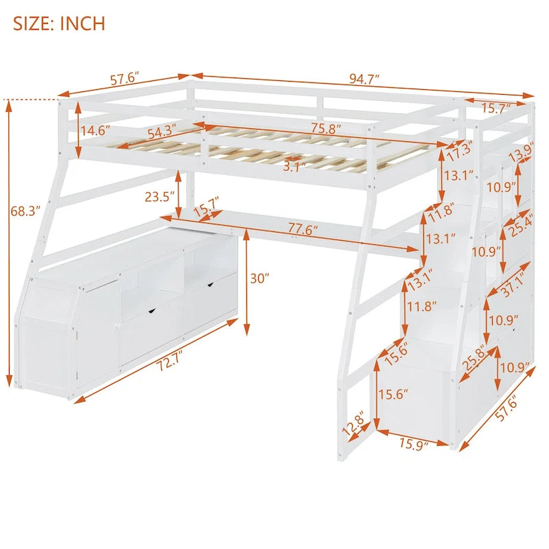 Wood Loft Bed with 7 Drawers 2 Shelves, Ladder and Desk for Kids, Bedroom