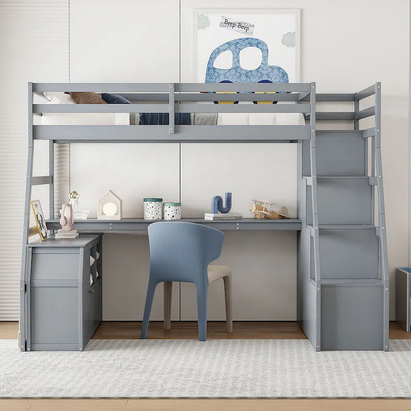 Wood Loft Bed with 7 Drawers 2 Shelves, Ladder and Desk for Kids, Bedroom