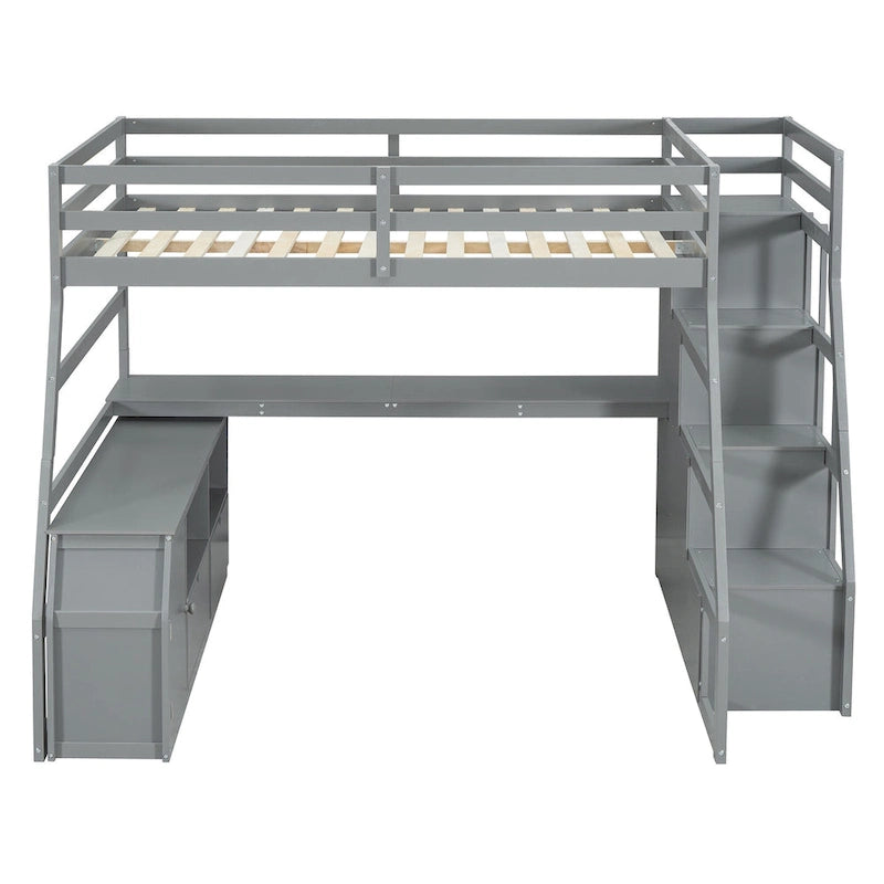 Wood Loft Bed with 7 Drawers 2 Shelves, Ladder and Desk for Kids, Bedroom