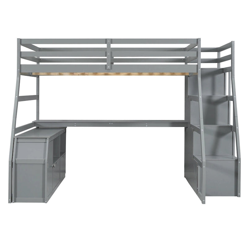 Wood Loft Bed with 7 Drawers 2 Shelves, Ladder and Desk for Kids, Bedroom