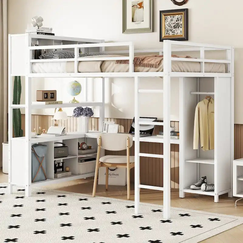 Off White Full Size Metal Loft Bed with Wardrobe, L-shaped Desk, and Storage Cubes