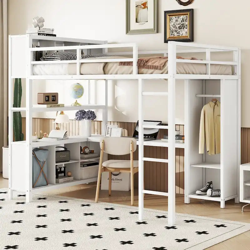 Off White Full Size Metal Loft Bed with Wardrobe, L-shaped Desk, and Storage Cubes