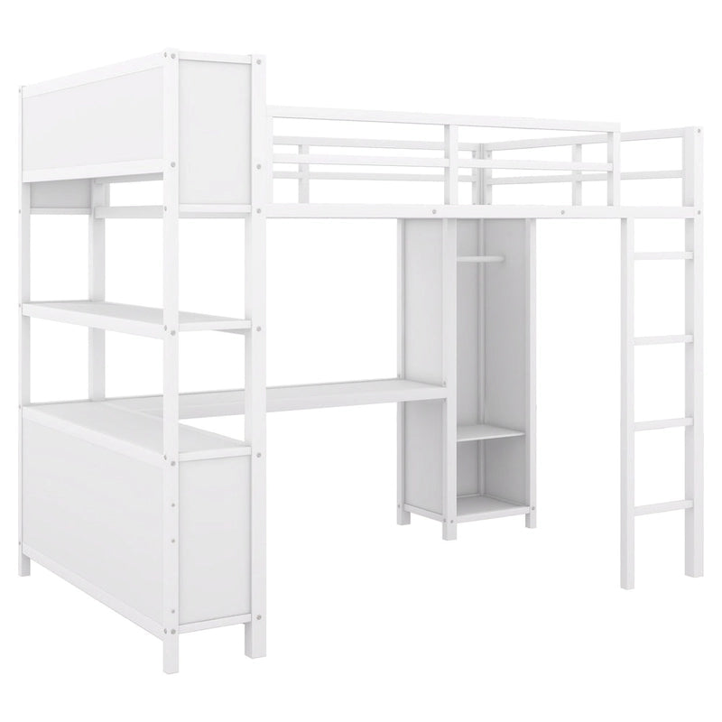 Off White Full Size Metal Loft Bed with Wardrobe, L-shaped Desk, and Storage Cubes