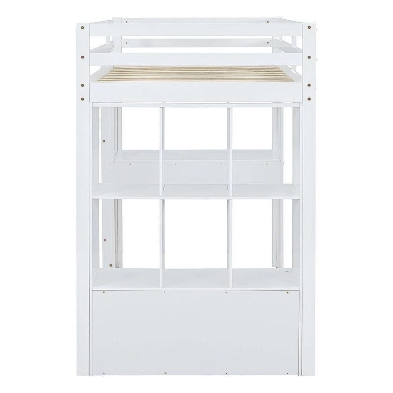 White Full Size Solid Wood Loft Bed with large shelves, writing desk and LED Light for Bedroom