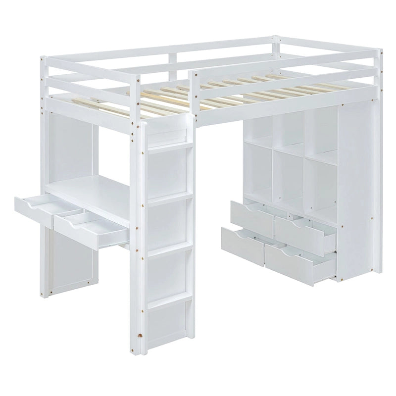 White Full Size Solid Wood Loft Bed with large shelves, writing desk and LED Light for Bedroom