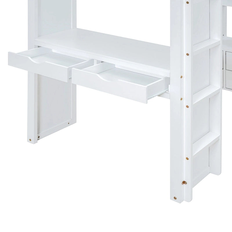 White Full Size Solid Wood Loft Bed with large shelves, writing desk and LED Light for Bedroom