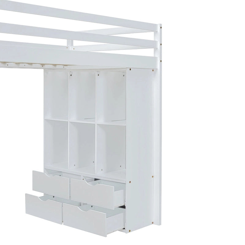 White Full Size Solid Wood Loft Bed with large shelves, writing desk and LED Light for Bedroom