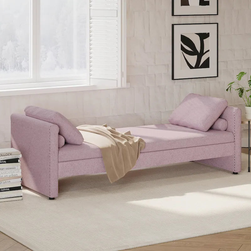 Modern 81.5 Linen Upholstered Chaise Lounger Daybed with Pillows and 2 Drawers for Living Room