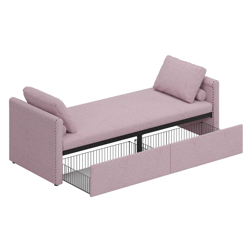 Modern 81.5 Linen Upholstered Chaise Lounger Daybed with Pillows and 2 Drawers for Living Room