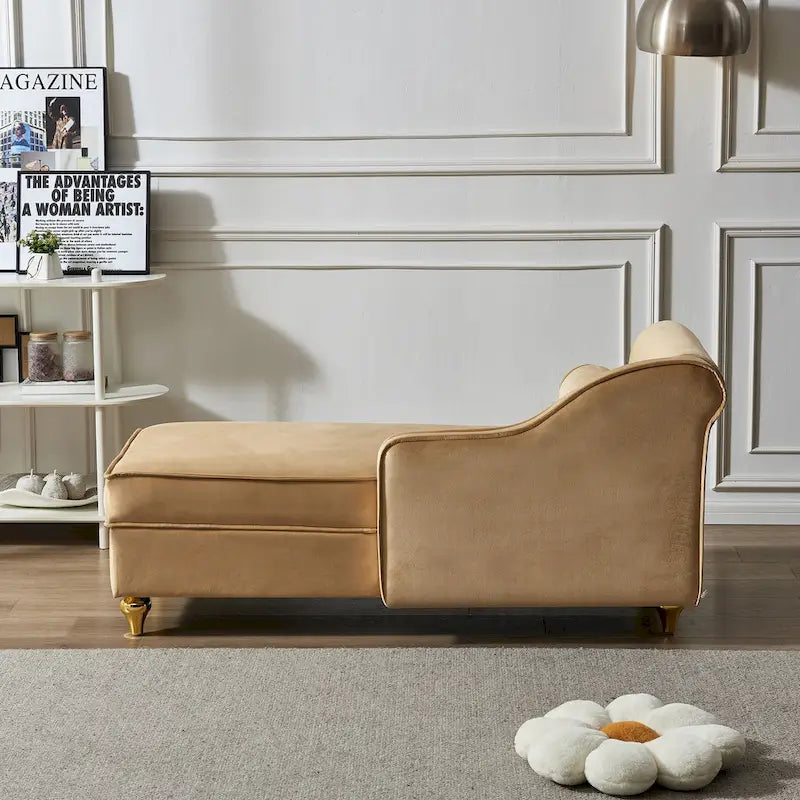 Khaki Modern 60.6 Velvet Upholstered Chaise Lounge Chair with Metal Legs and Storage