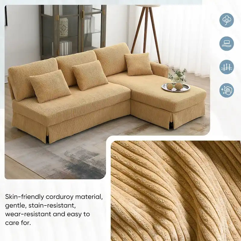 Yellow 87 L-Shaped 3-Seater Sofa with Reversible Chaise and 3 Cushions, Space-Saving Design for Living Room