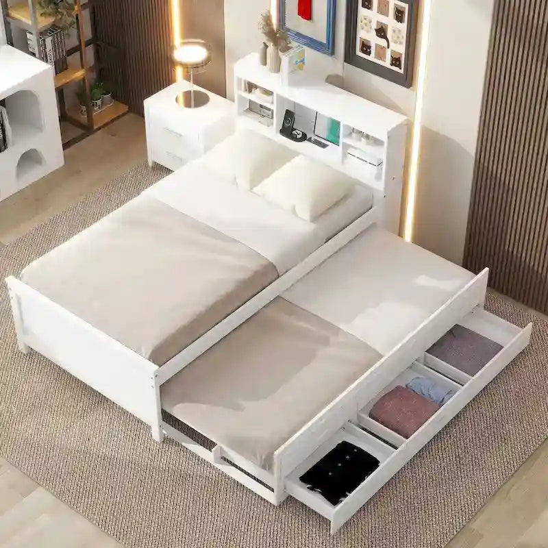 Pine Wood Platform Bed Frame with 3 Drawers & Trundle