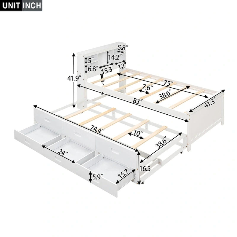 Pine Wood Platform Bed Frame with 3 Drawers & Trundle
