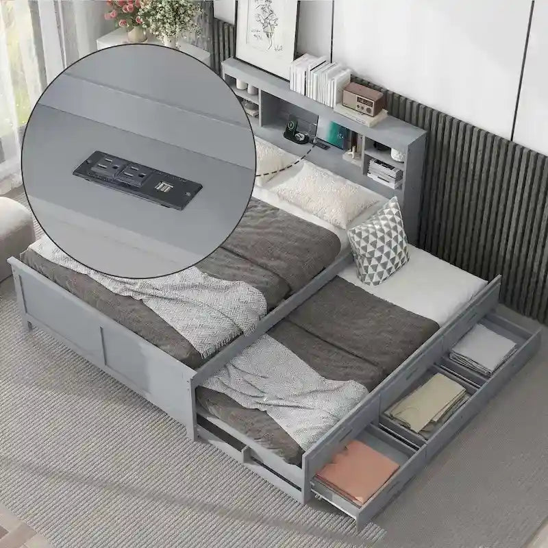 Pine Wood Platform Bed Frame with 3 Drawers & Trundle