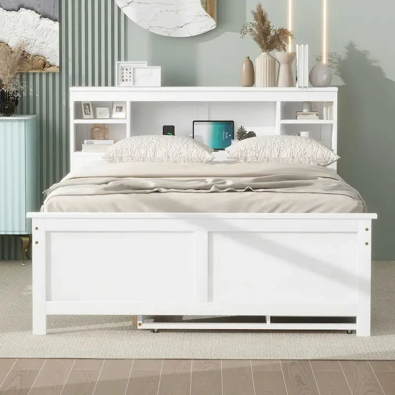 Pine Wood Platform Bed Frame with 3 Drawers & Trundle