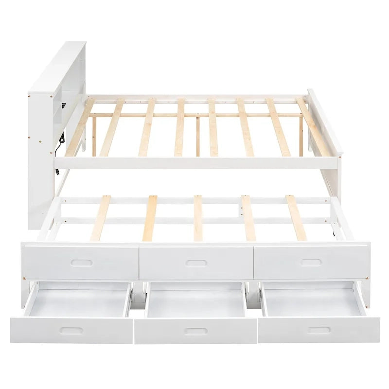 Pine Wood Platform Bed Frame with 3 Drawers & Trundle