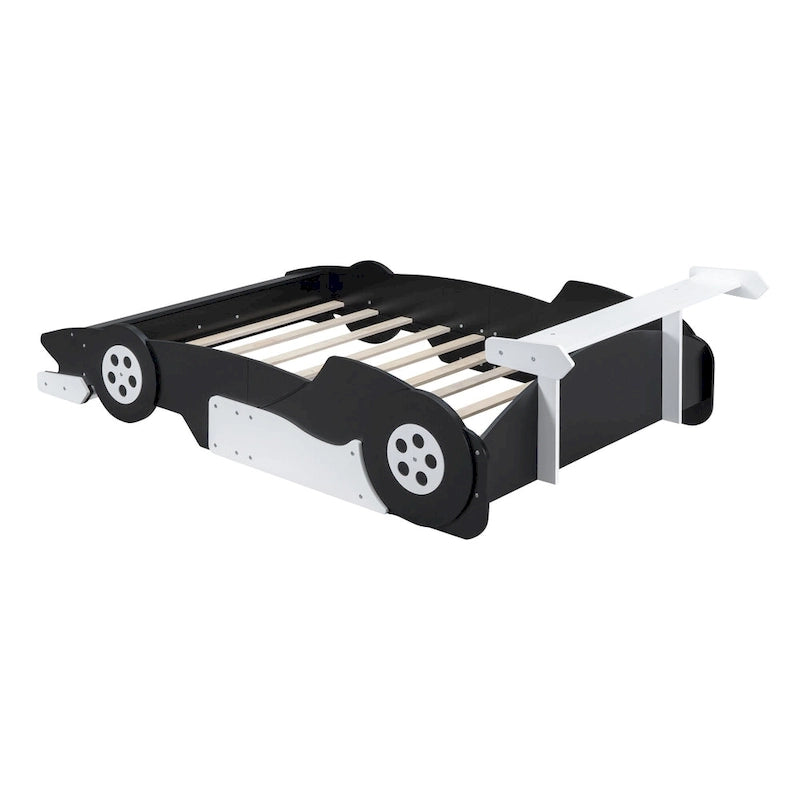 Full Size Wooden Race Car-Shaped Bed Frame with Guardrail