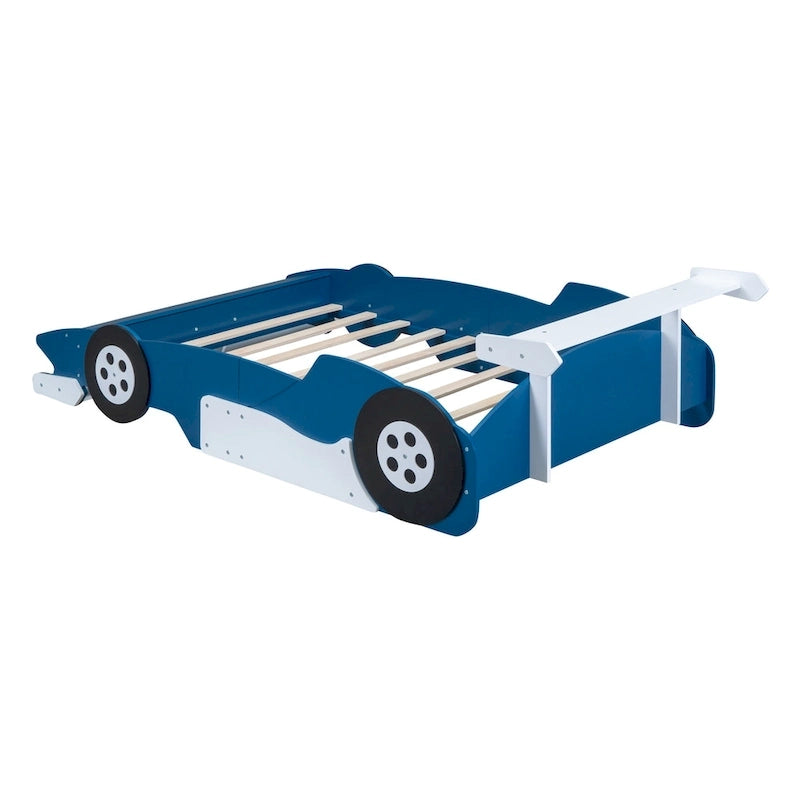 Full Size Wooden Race Car-Shaped Bed Frame with Guardrail
