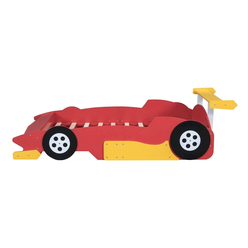 Full Size Wooden Race Car-Shaped Bed Frame with Guardrail
