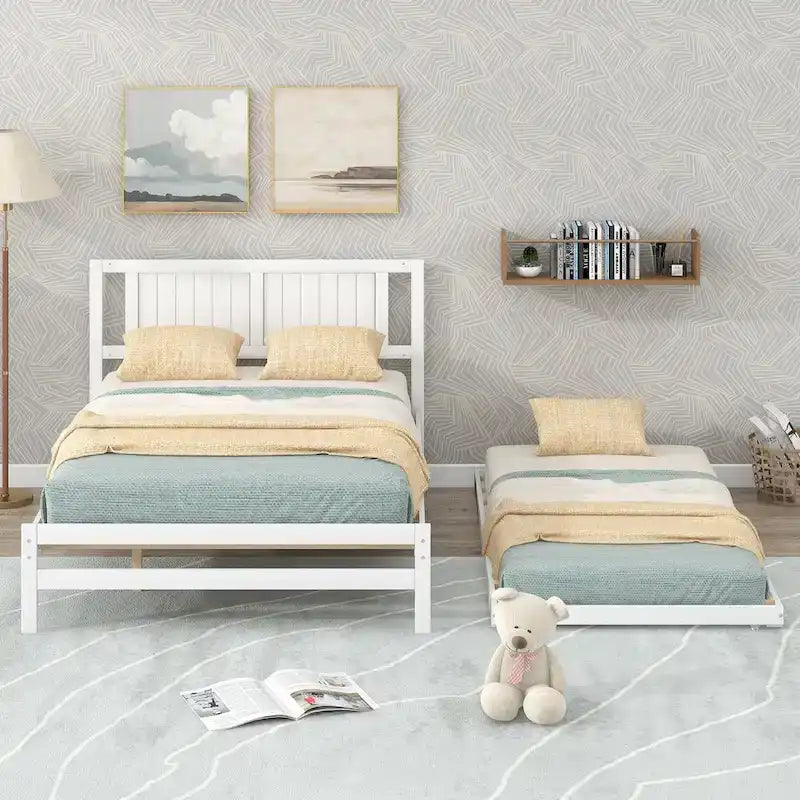 White Full Pine Platform Bed with Adjustable Trundle