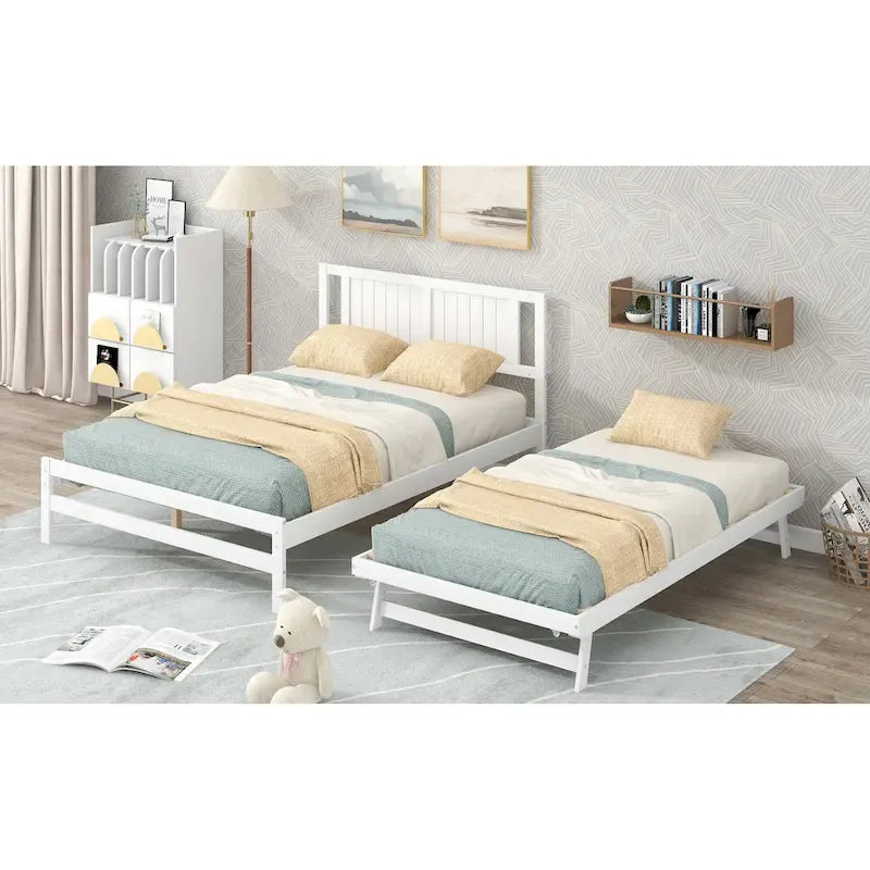 White Full Pine Platform Bed with Adjustable Trundle