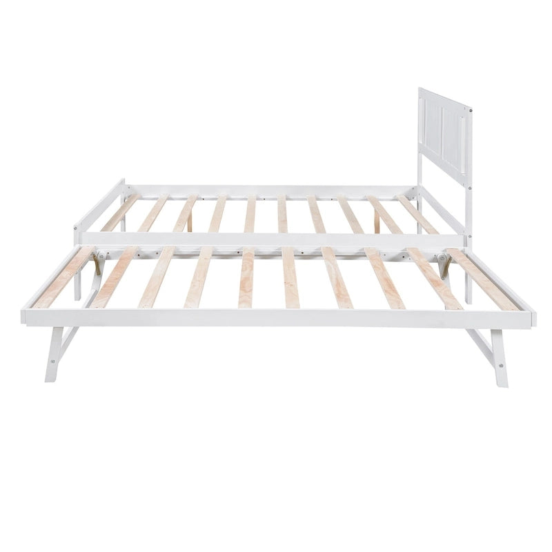 White Full Pine Platform Bed with Adjustable Trundle