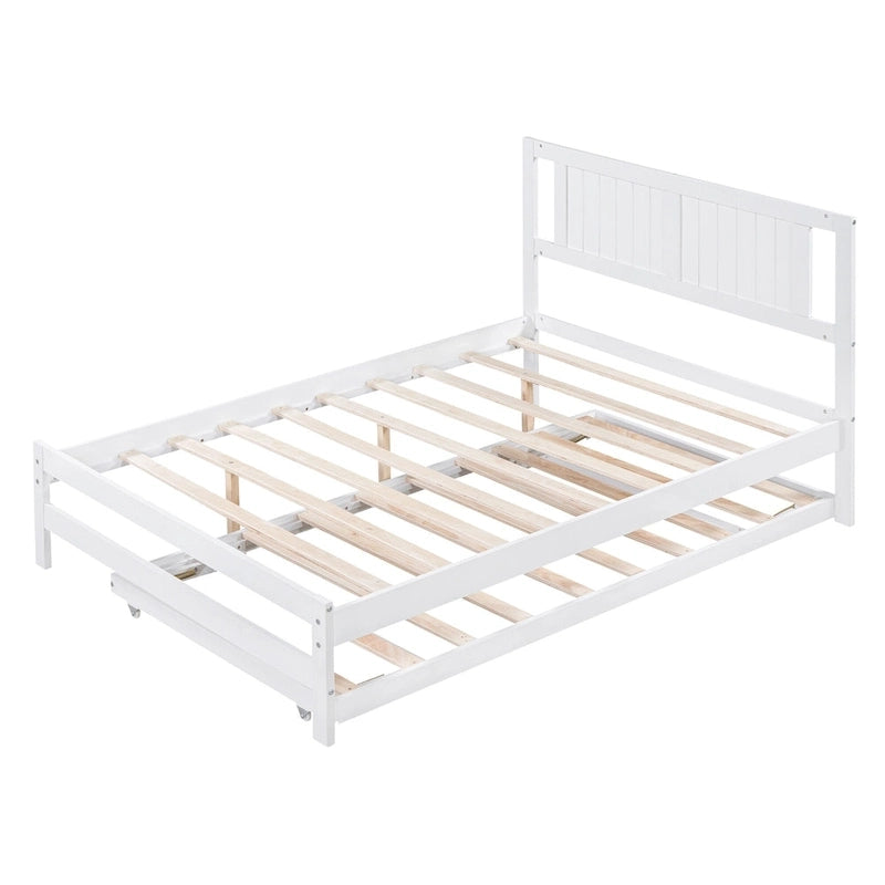 White Full Pine Platform Bed with Adjustable Trundle