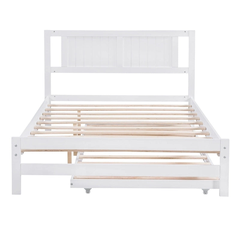 White Full Pine Platform Bed with Adjustable Trundle