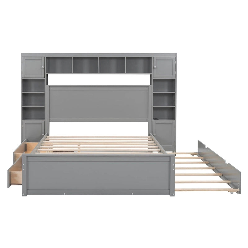 Gray Queen Size Wooden Platform Bed with Cabinet, Shelf, and Sockets