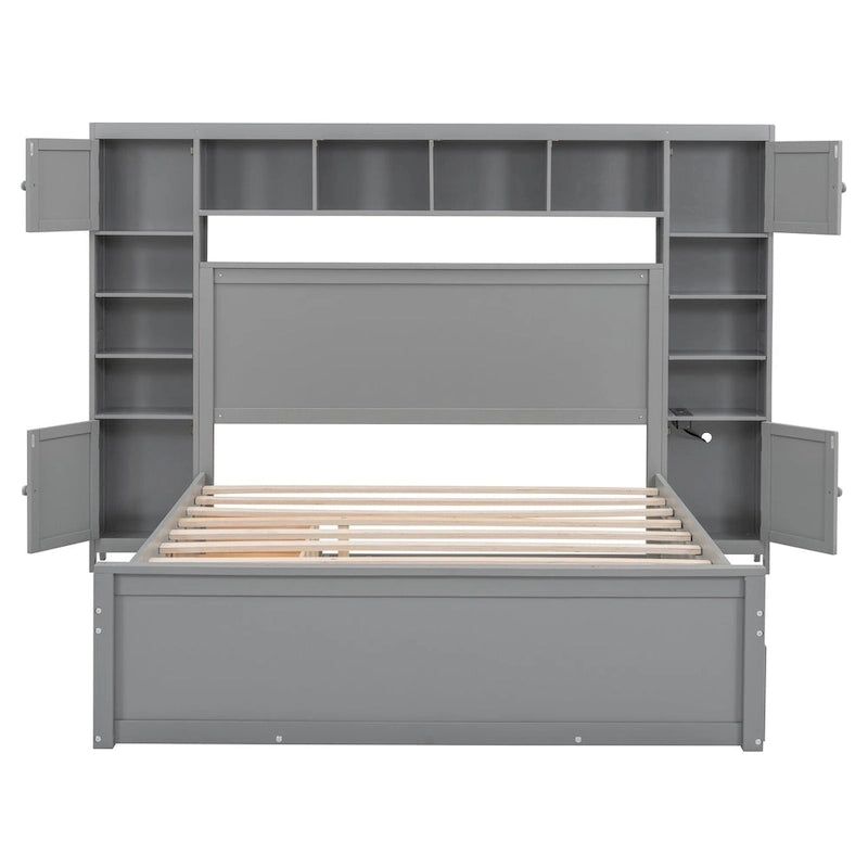 Gray Queen Size Wooden Platform Bed with Cabinet, Shelf, and Sockets