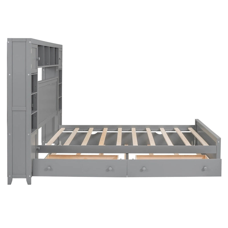 Gray Queen Size Wooden Platform Bed with Cabinet, Shelf, and Sockets