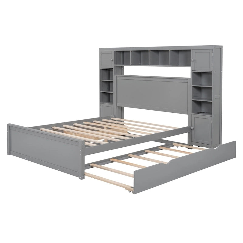 Gray Queen Size Wooden Platform Bed with Cabinet, Shelf, and Sockets