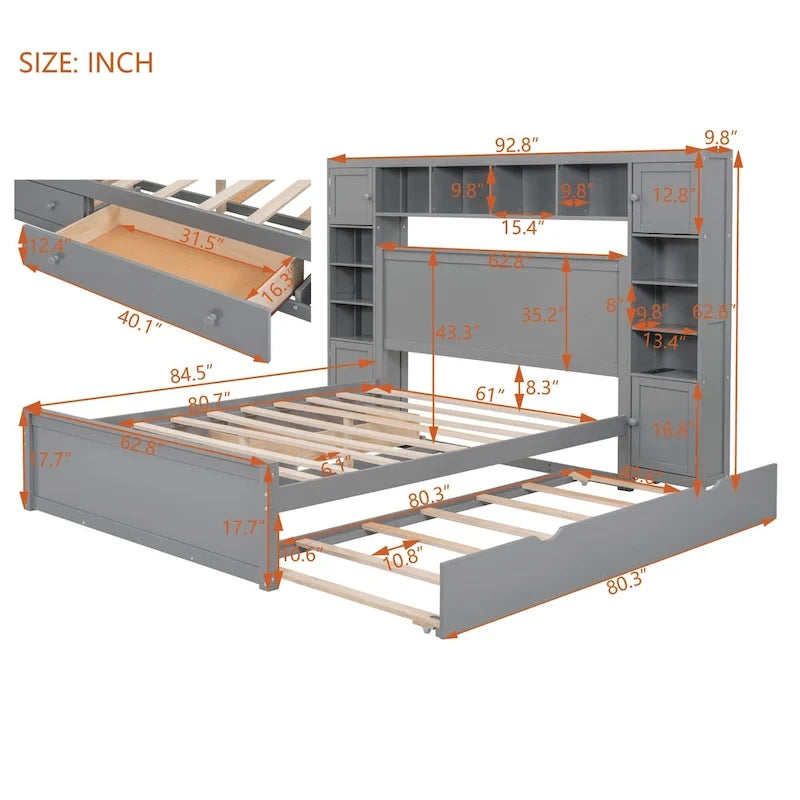 Gray Queen Size Wooden Platform Bed with Cabinet, Shelf, and Sockets