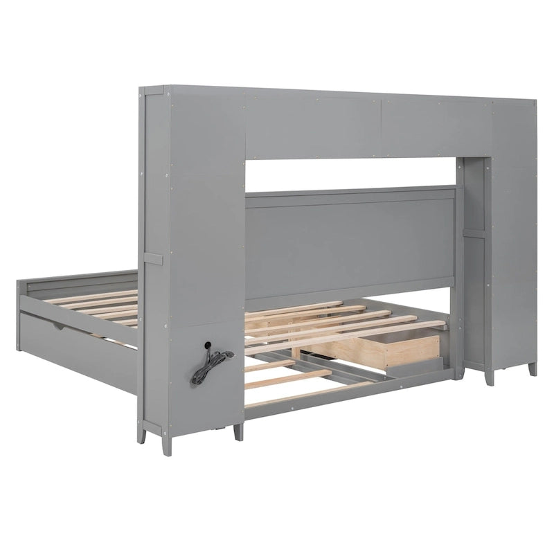 Gray Queen Size Wooden Platform Bed with Cabinet, Shelf, and Sockets