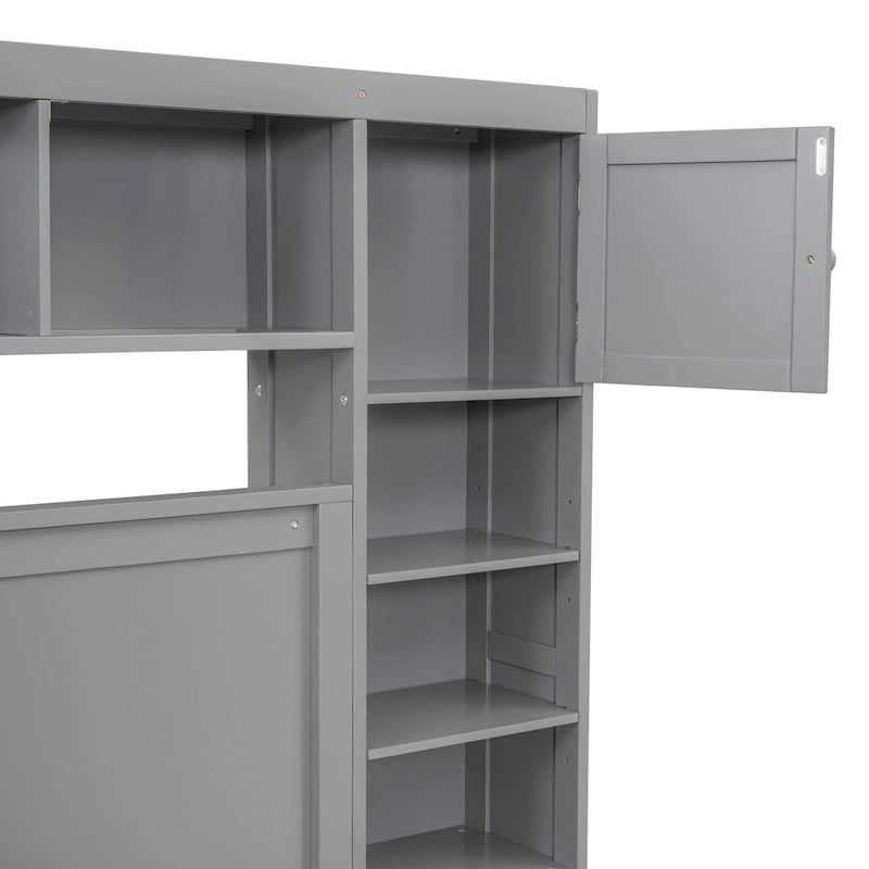 Gray Queen Size Wooden Platform Bed with Cabinet, Shelf, and Sockets
