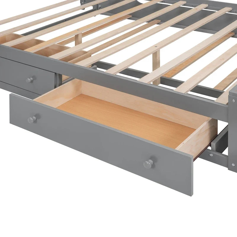 Gray Queen Size Wooden Platform Bed with Cabinet, Shelf, and Sockets