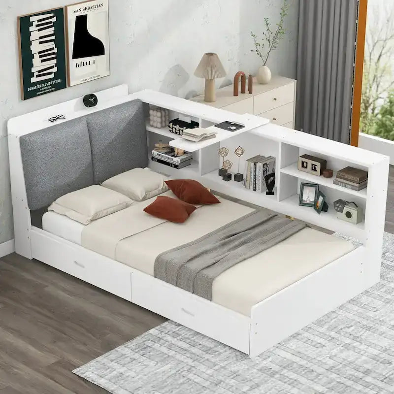 King Size Upholstered Bed with Storage Headboard and Trundle